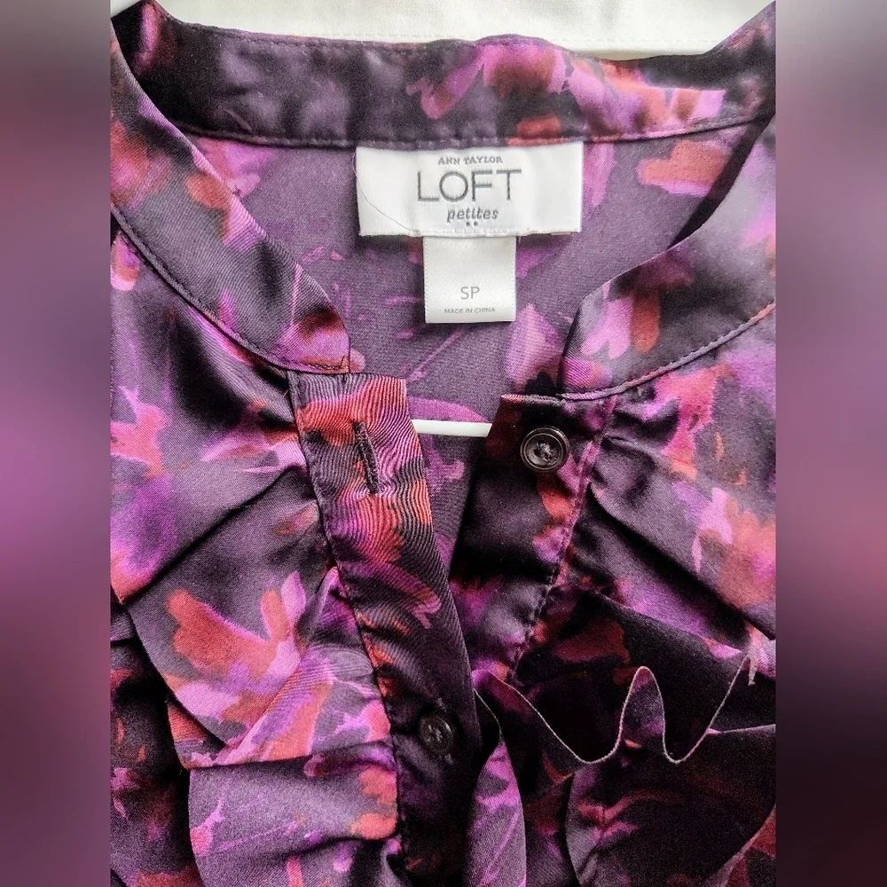 LOFT Purple Satin Ruffle-Front Blouse with Pink Floral Accent
